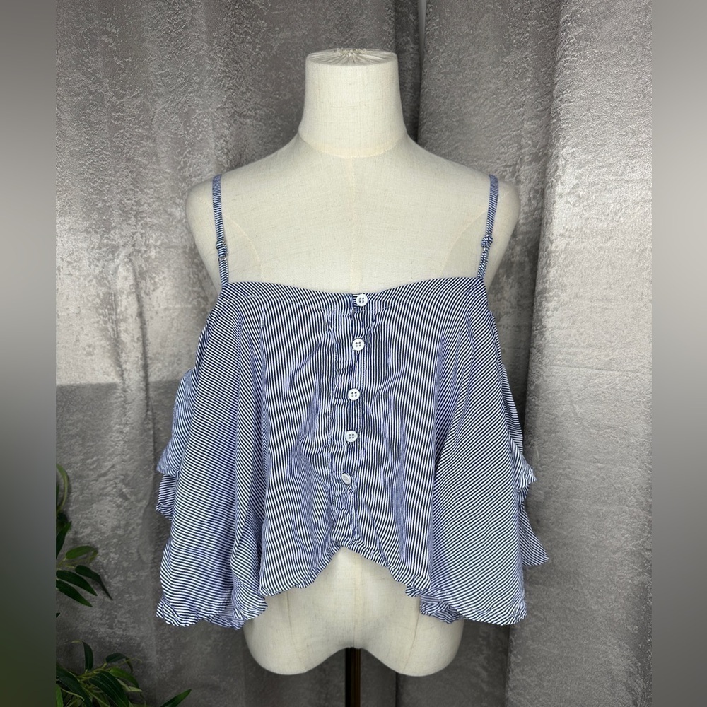 Faithfull The Brand Striped Print Ruffles Cold Shoulder Top Blue Sz 6